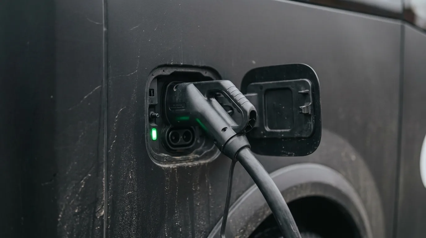 Close-up of a CCS charging plug seated in a vehicle's charge port, its indicator light glowing green.