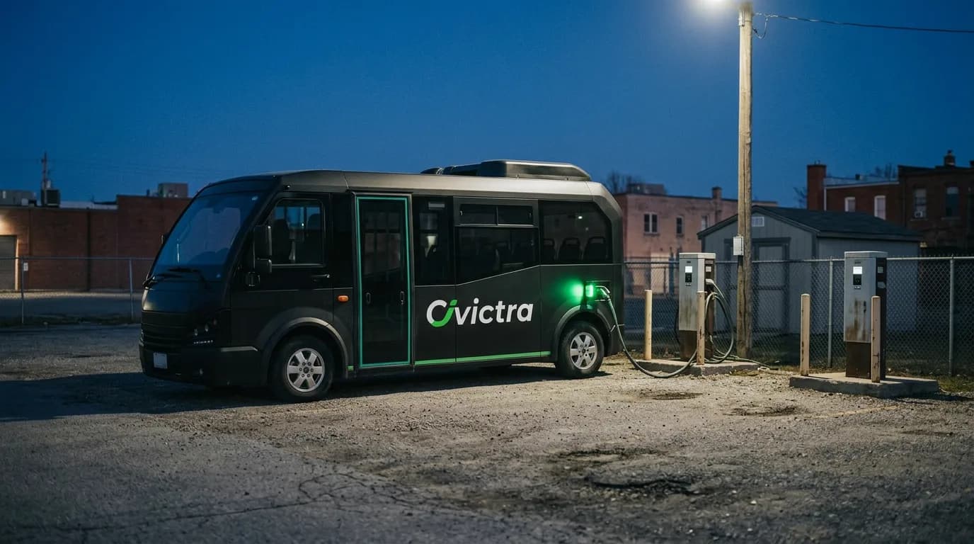 A Civictra minibus plugged in at a small charging yard at dusk.