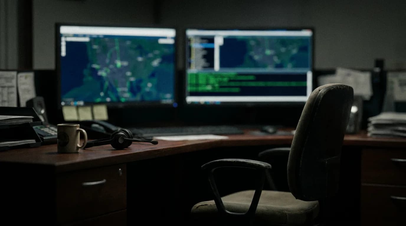 Dispatch monitors glowing out of focus above an empty desk and chair.