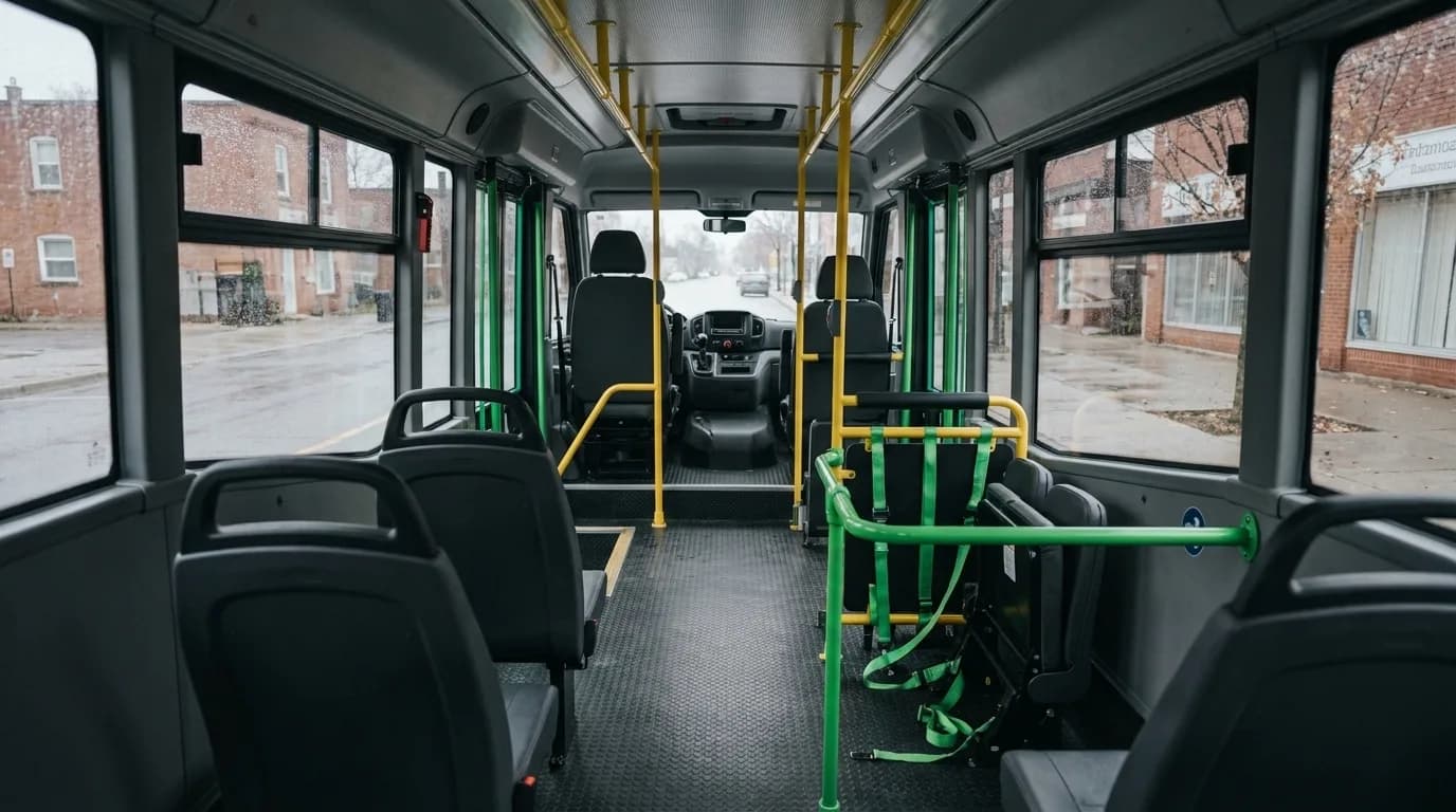 The empty cabin of a Civictra minibus showing the wheelchair securement position, with green straps and handrails.