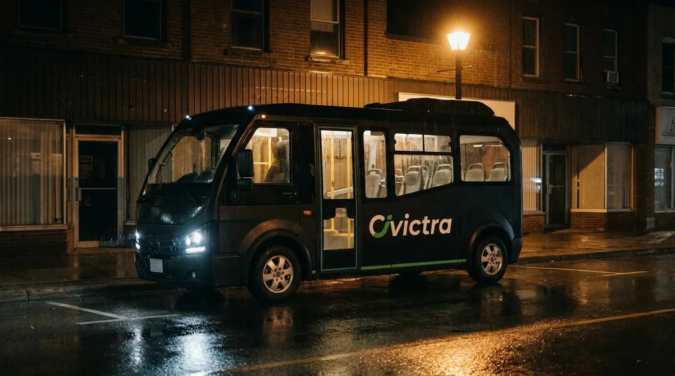 A Civictra minibus stopped at a street corner at night in the rain, its interior lit.
