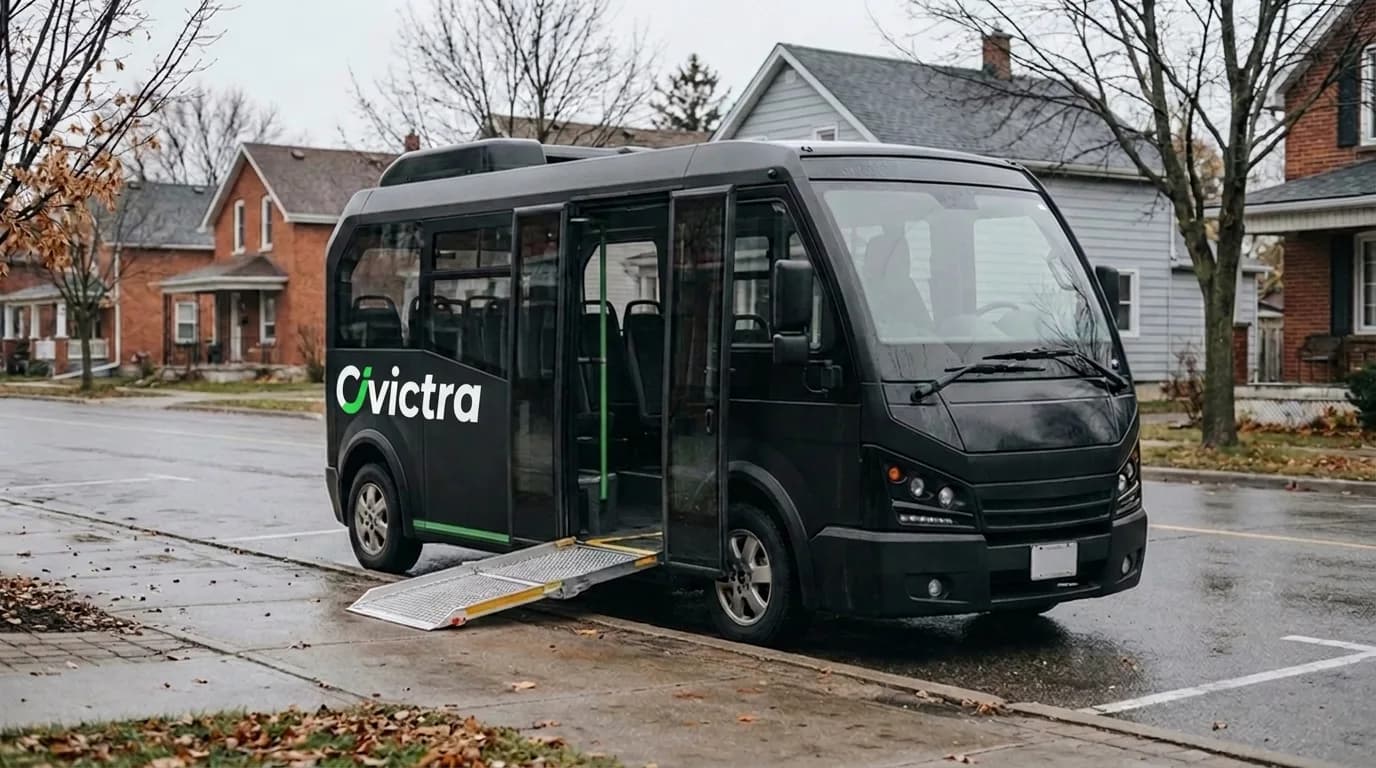 A Civictra minibus on a residential street with its wheelchair ramp deployed to the sidewalk.