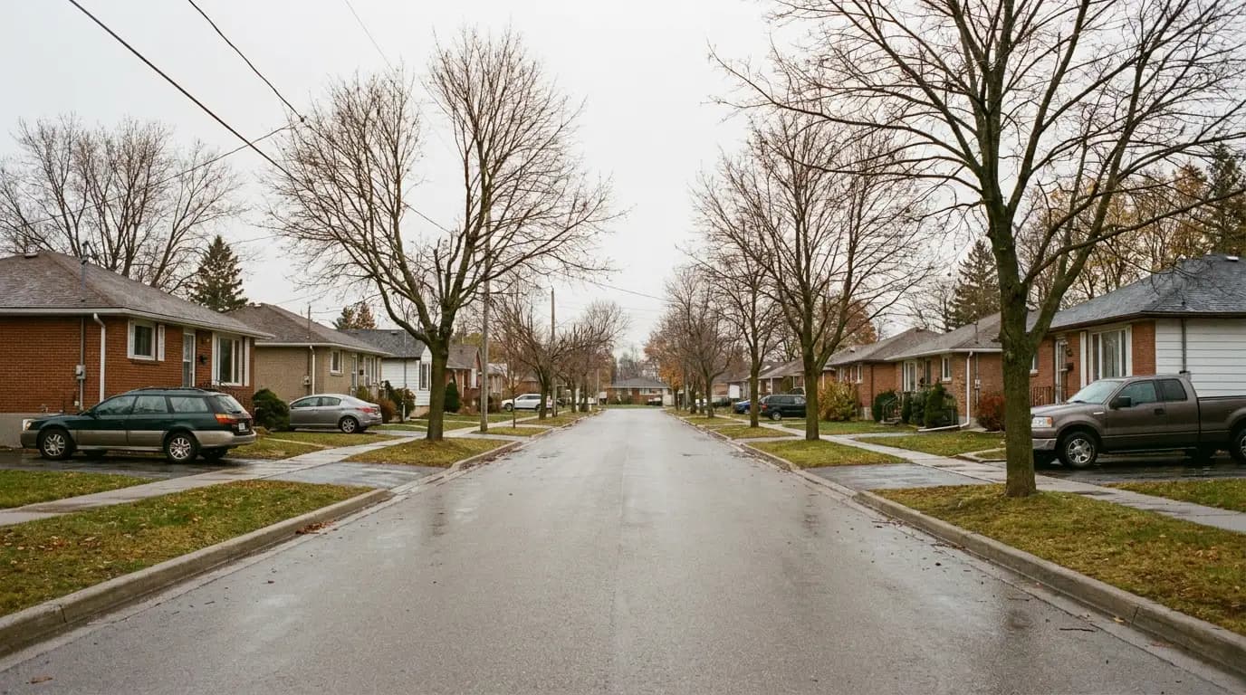 A residential street lined with houses and parked cars, with no transit stop in sight.