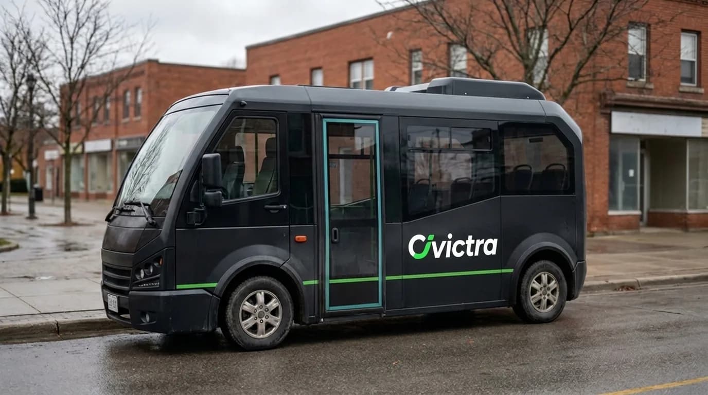 Side profile of a black Civictra electric minibus parked on a small-town main street.