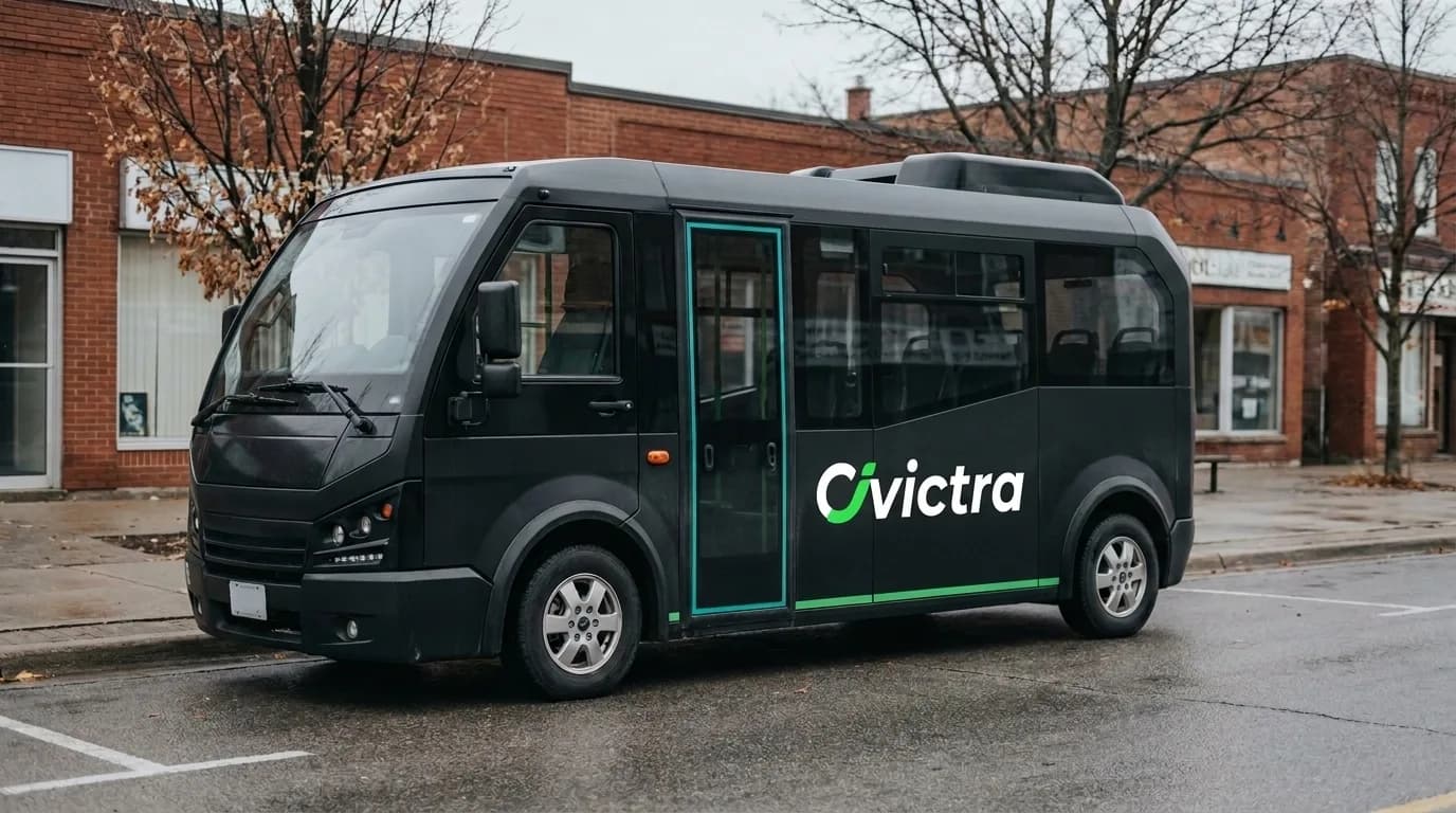 A black Civictra electric minibus parked on a damp small-town main street in autumn, seen from the front three-quarter.