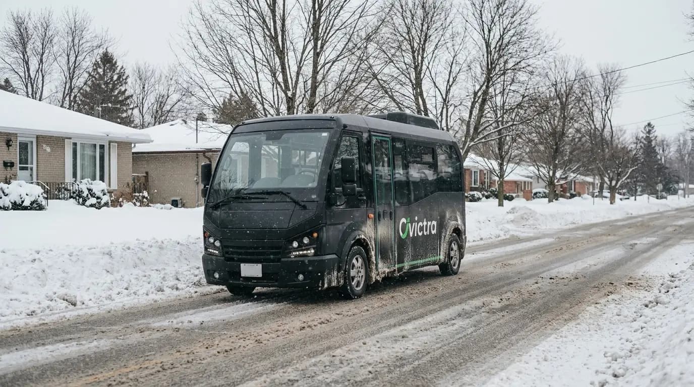 A Civictra minibus driving along a snow-covered residential street.